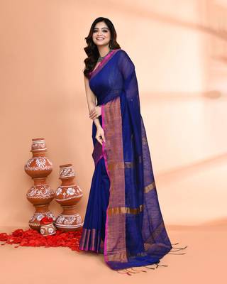 cotton silk royel blue handloom saree with blouse piece 2