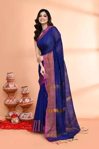 cotton silk royel blue handloom saree with blouse piece