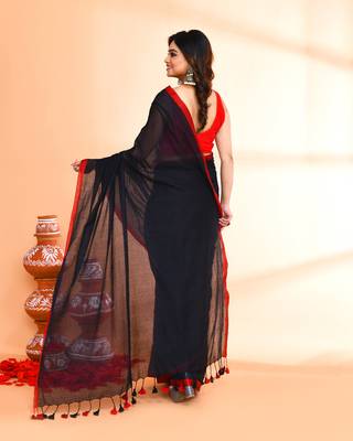 Red border black mulmul cotton saree with tassels without blouse 5