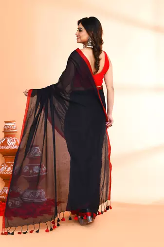 Red border black mulmul cotton saree with tassels without blouse