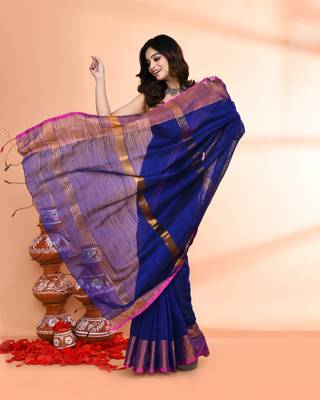 cotton silk royel blue handloom saree with blouse piece 3