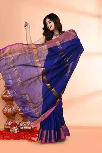cotton silk royel blue handloom saree with blouse piece