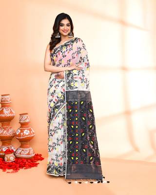 Women's off white black cotton silk jamdani saree without blouse 1