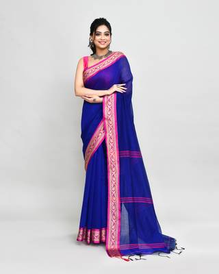 cotton silk royel blue handloom saree with blouse piece 1