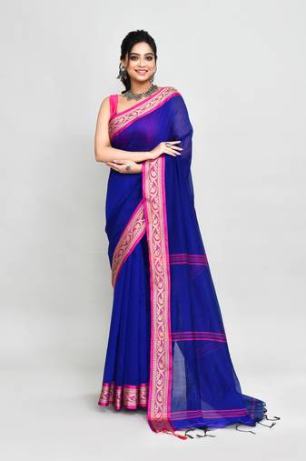 cotton silk royel blue handloom saree with blouse piece