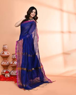 cotton silk royel blue handloom saree with blouse piece 4