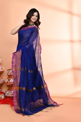 cotton silk royel blue handloom saree with blouse piece