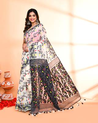 Women's off white black cotton silk jamdani saree without blouse 2