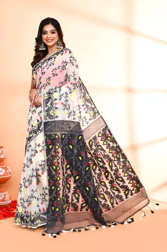 Women's off white black cotton silk jamdani saree without blouse