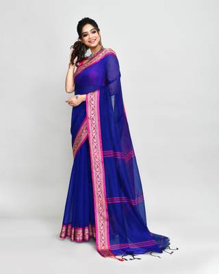 cotton silk royel blue handloom saree with blouse piece 2