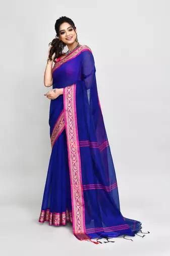 cotton silk royel blue handloom saree with blouse piece
