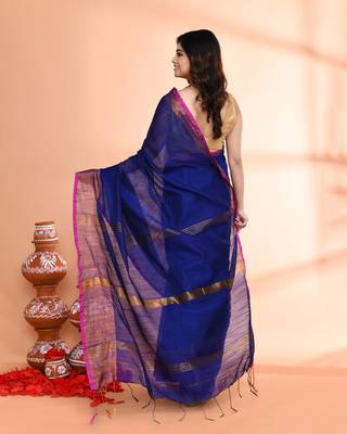 cotton silk royel blue handloom saree with blouse piece 5
