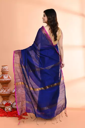 cotton silk royel blue handloom saree with blouse piece