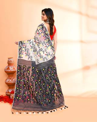 Women's off white black cotton silk jamdani saree without blouse 3