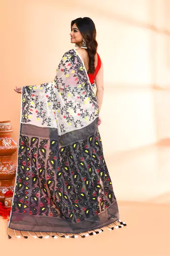 Women's off white black cotton silk jamdani saree without blouse