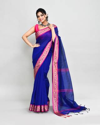 cotton silk royel blue handloom saree with blouse piece 3
