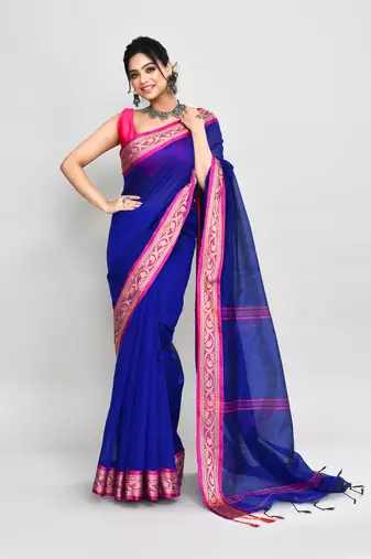 cotton silk royel blue handloom saree with blouse piece