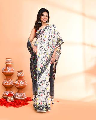 Women's off white black cotton silk jamdani saree without blouse 4