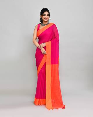 Orange border rani pink cotton saree with tassels 2