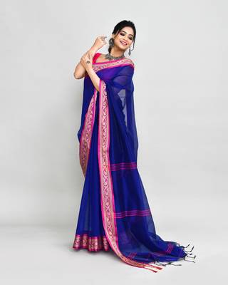 cotton silk royel blue handloom saree with blouse piece 4