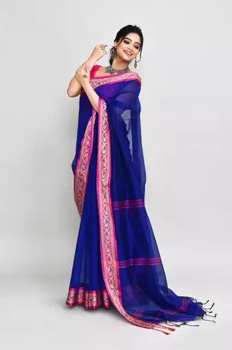 cotton silk royel blue handloom saree with blouse piece