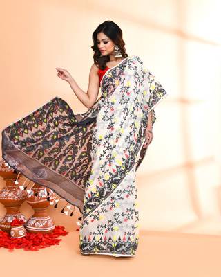 Women's off white black cotton silk jamdani saree without blouse 5