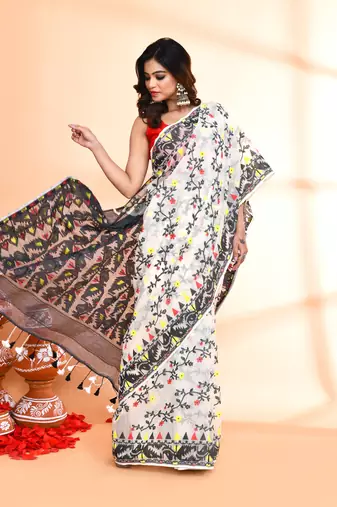 Women's off white black cotton silk jamdani saree without blouse
