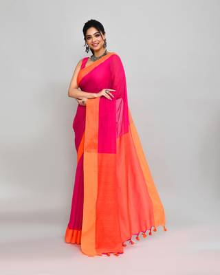 Orange border rani pink cotton saree with tassels 1