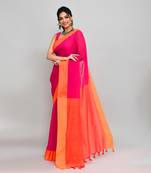 Orange border rani pink cotton saree with tassels