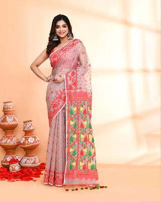 Women's cane beige cotton silk jamdani saree without blouse 1
