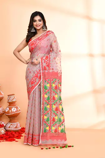 Women's cane beige cotton silk jamdani saree without blouse