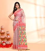 Women's cane beige cotton silk jamdani saree without blouse