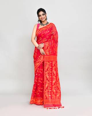Women's rani orange cotton silk jamdani saree without blouse 1