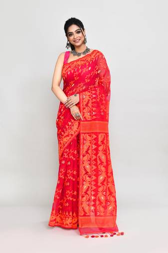 Women's rani orange cotton silk jamdani saree without blouse