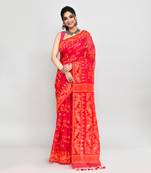 Women's rani orange cotton silk jamdani saree without blouse