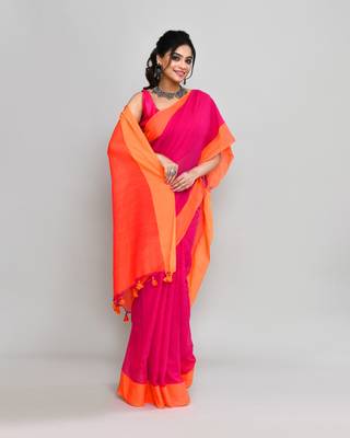 Orange border rani pink cotton saree with tassels 3