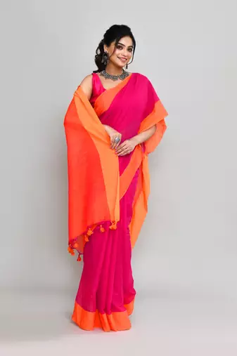 Orange border rani pink cotton saree with tassels