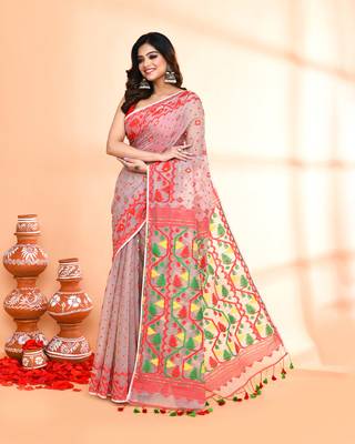 Women's cane beige cotton silk jamdani saree without blouse 2
