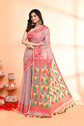 Women's cane beige cotton silk jamdani saree without blouse