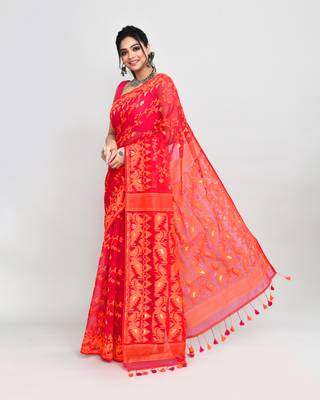 Women's rani orange cotton silk jamdani saree without blouse 2