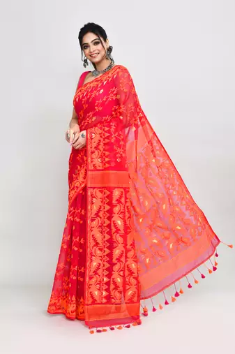 Women's rani orange cotton silk jamdani saree without blouse