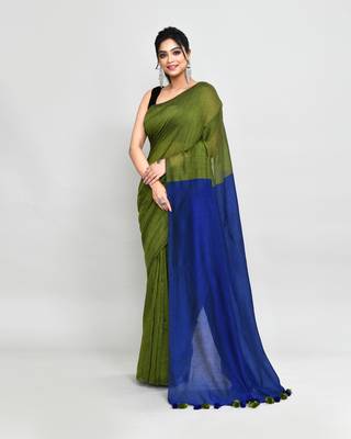 Handspun cotton moss green handloom saree with blouse 1