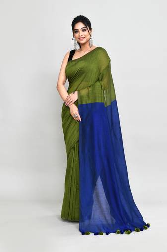 Handspun cotton moss green handloom saree with blouse