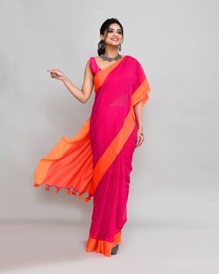 Orange border rani pink cotton saree with tassels 4