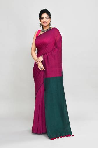 Handspun cotton rani pink handloom saree with blouse