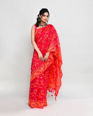 Women's rani orange cotton silk jamdani saree without blouse 3