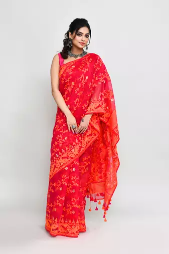 Women's rani orange cotton silk jamdani saree without blouse