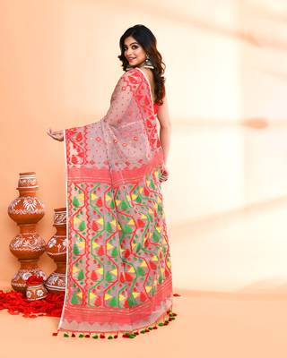 Women's cane beige cotton silk jamdani saree without blouse 3