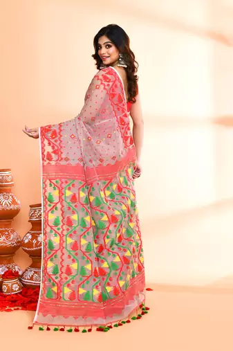 Women's cane beige cotton silk jamdani saree without blouse