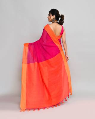 Orange border rani pink cotton saree with tassels 5